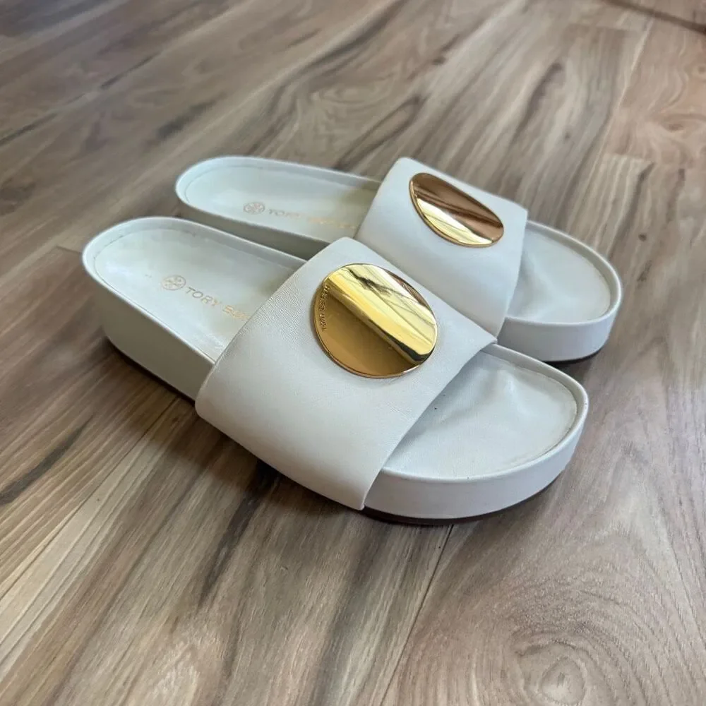 Tory Burch Patos Chunky White Napa Leather Gold Slides Size 9 1/2